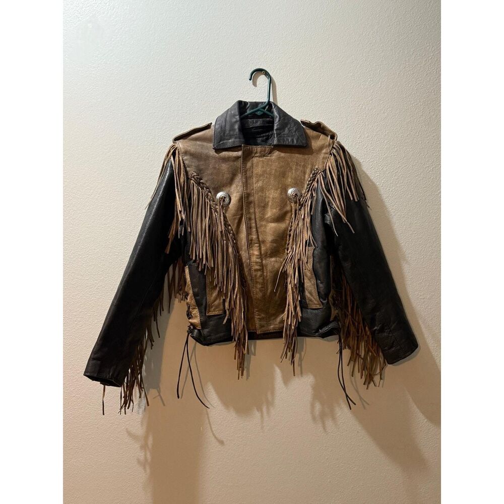 Vintage UNIK Leather Collections Fringed Concho Motorcycle Jacket 36 MINT